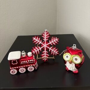 Christmas Owl, Train, and Snowflake Holiday Ornaments- Gently Used